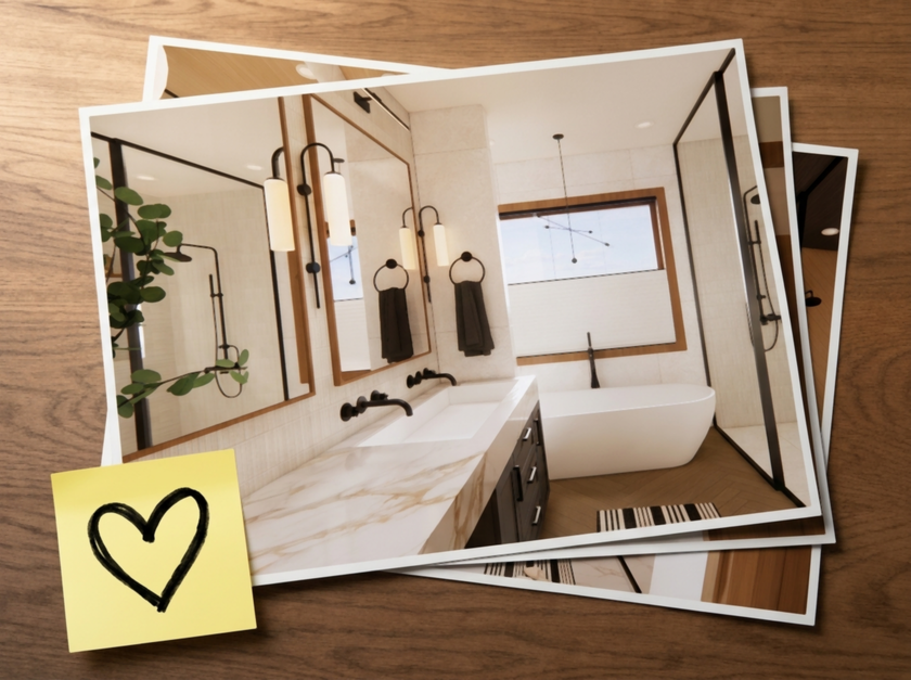 Reveal renders pinned like photos, one marked with a heart