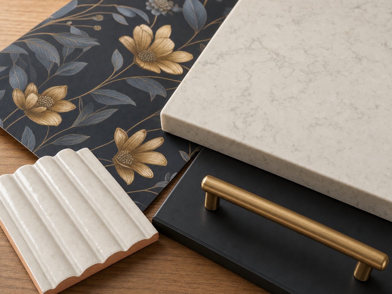 Tile and material samples laid out on a desk