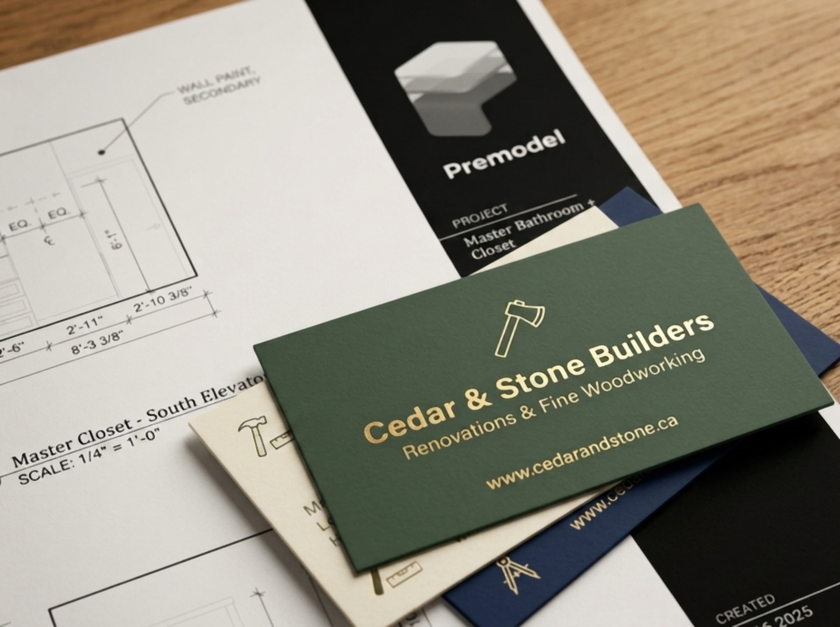 Builder business cards fanned out on a wood table